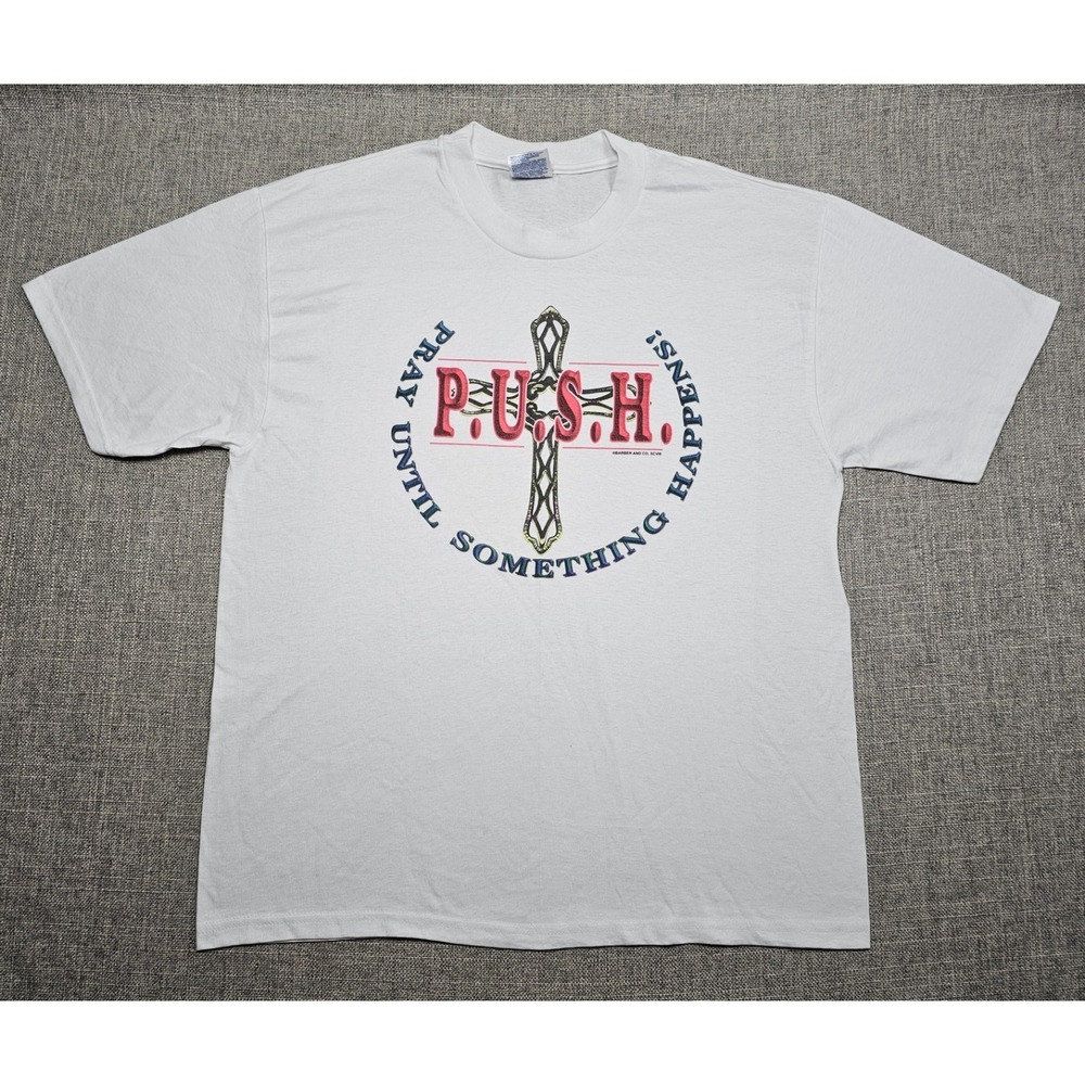 VINTAGE Jesus Shirt Mens Large White P.U.S.H. Pray Until It Happens Christian 90